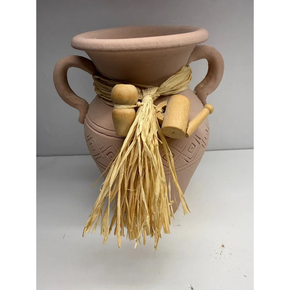 Terracotta Clay Amphora Vase Hand Etched Geometric Pattern Raffia Wood Charms